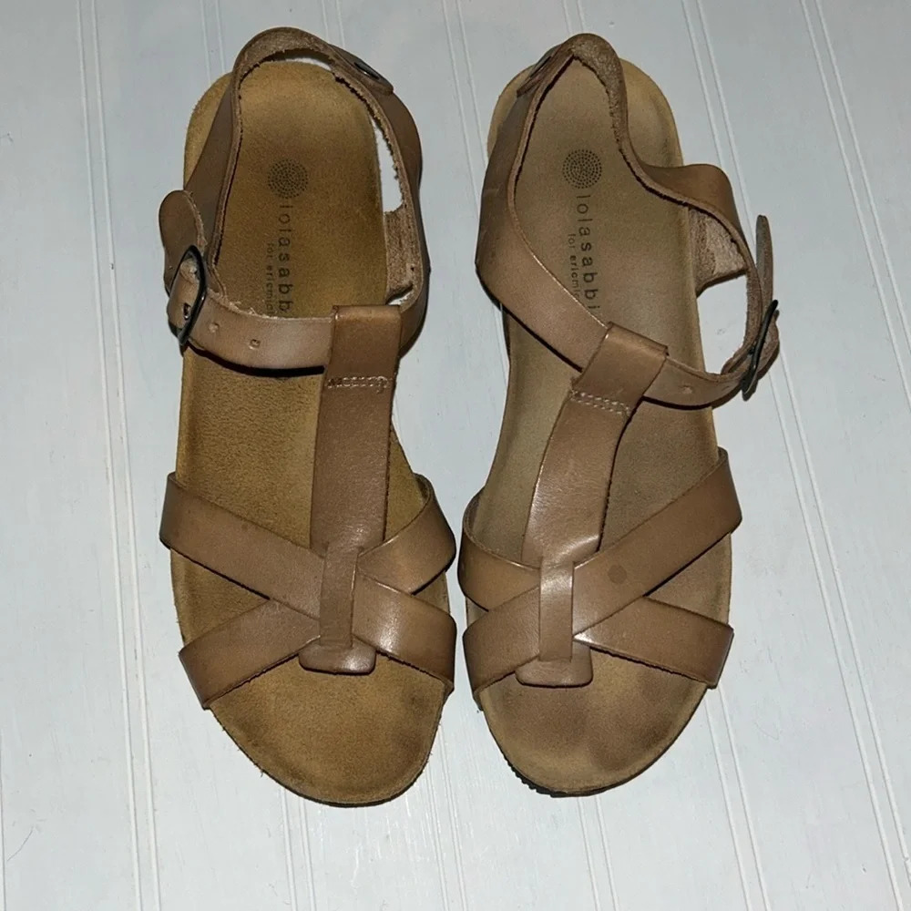 Lola Sabbia Eric Michael 39 wedge sandals ankle strap tan brown leather